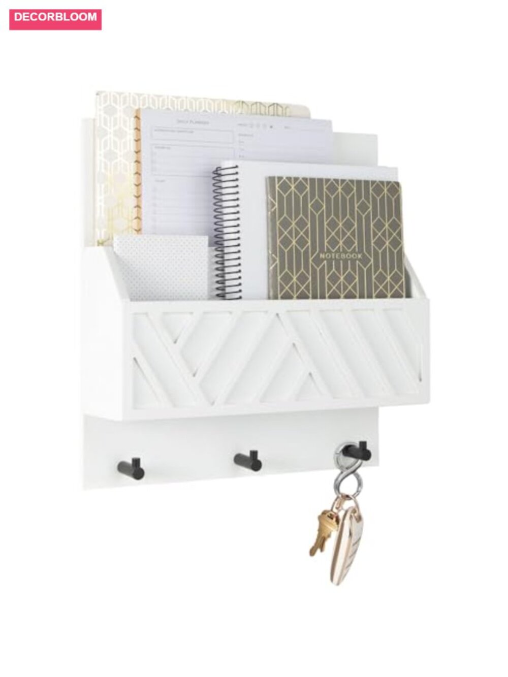 White Wood Wall Mount Key Holder Mail Organizer 3 Hooks 2-Tier Entryway